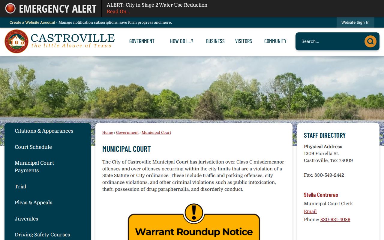 Castroville Municipal Court page showing clerk and docket resources