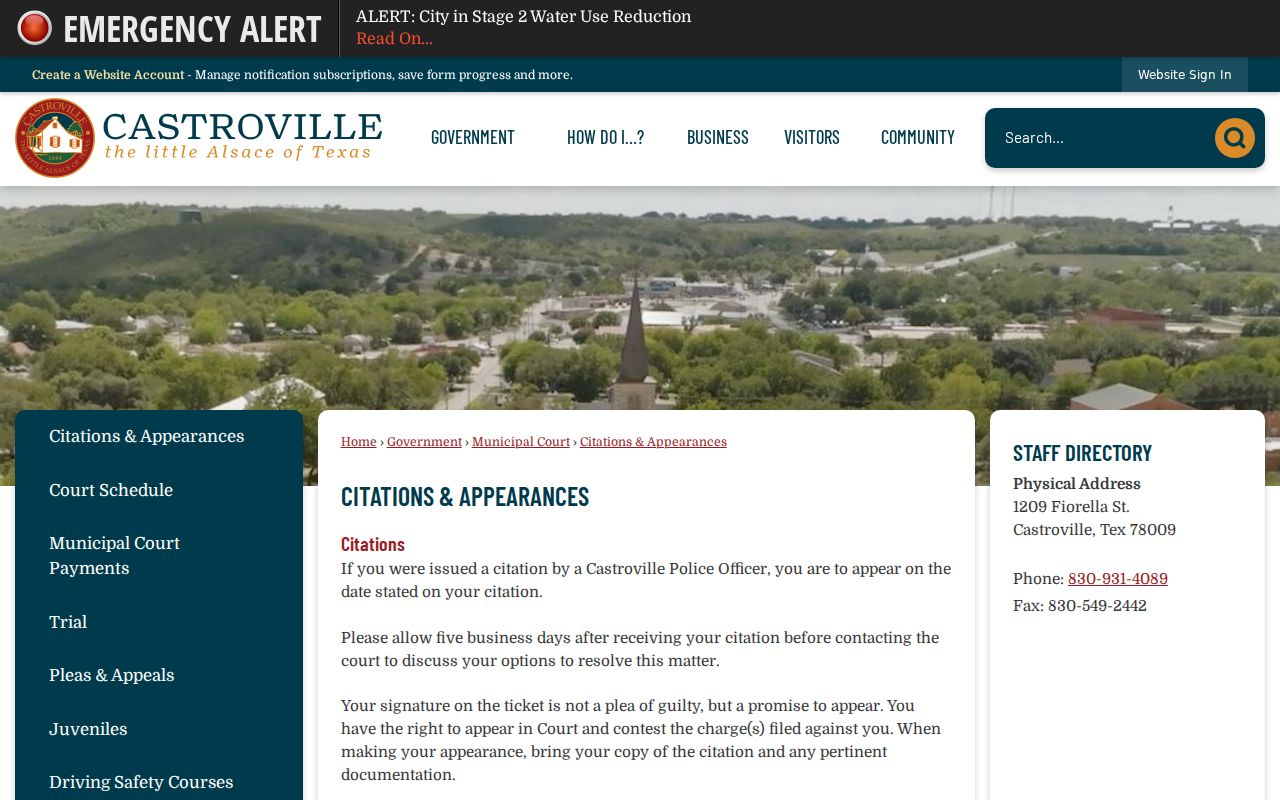 Castroville citations and appearances page explaining municipal court procedure
